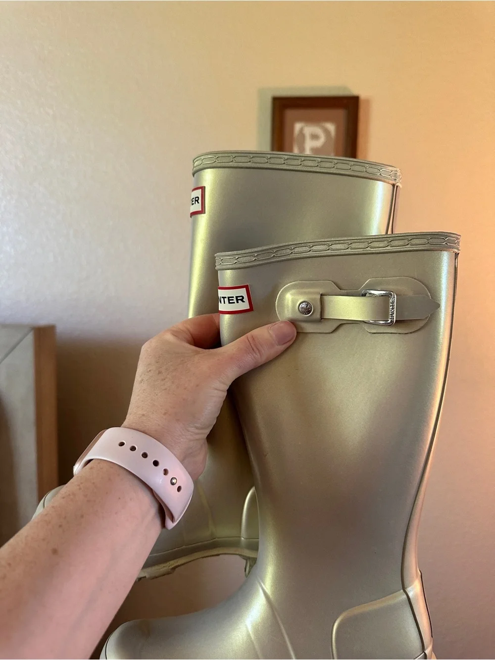 Hunter Metallic Pearl Tall Rain Boots in Light Gold